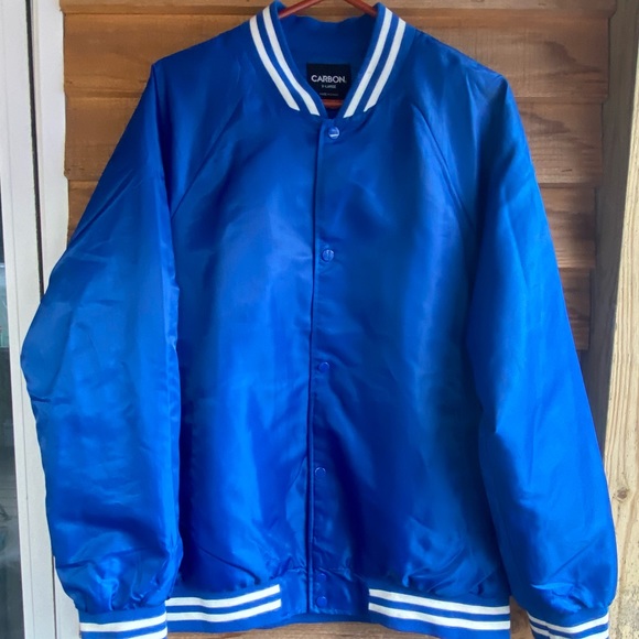 Carbon Varsity Satin Blue Bomber Jacket - Picture 1 of 15